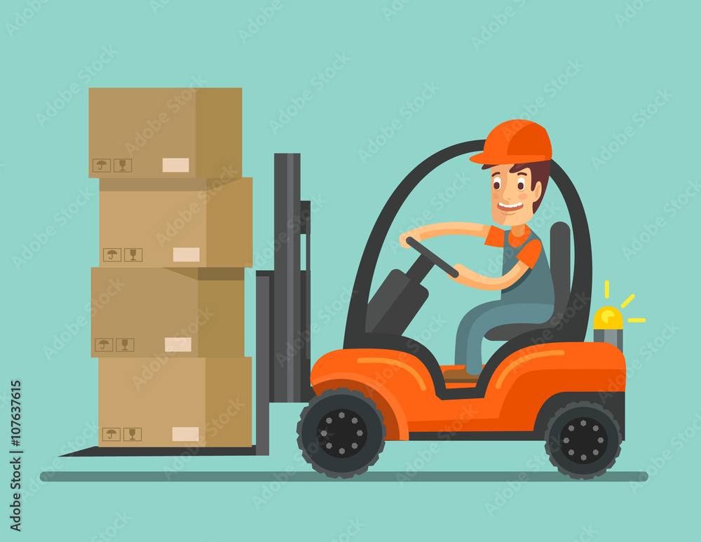 Forklift truck with worker. Vector flat illustration Forklift truck with worker. Vector flat illustration