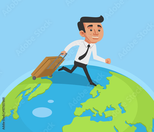 Business man run around the world. Vector flat cartoon illustration