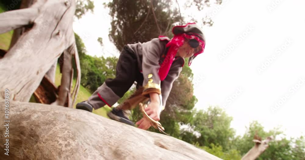 Boy dressed up as pirate with toothy smile in nature Boy dressed up as pirate with toothy smile in nature