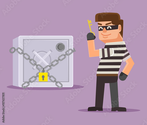 Robber near safe. Vector flat illustration
