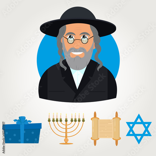 Vector avatar of Jew man with traditional headdress. avatar Jewish man on a blue background. vector illustration. photo