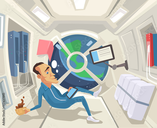 Astronaut in zero gravity. Vector flat cartoon illustration