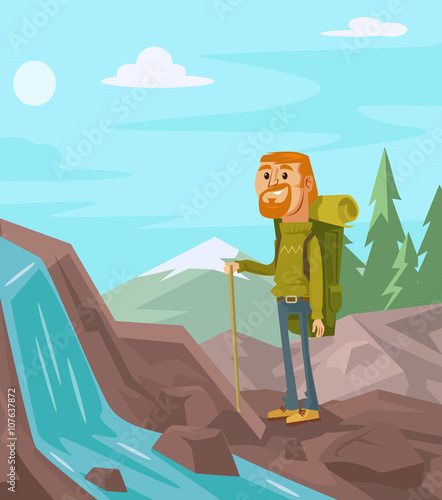Happy tourists on the background of landscape. Vector flat cartoon illustration