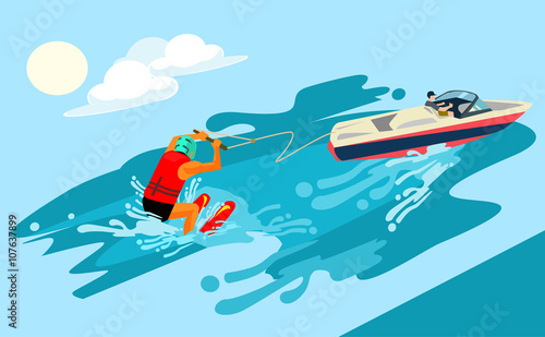 Water skiing. Vector flat cartoon illustration