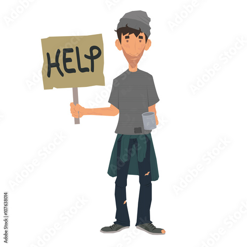 homeless man standing with a sign. the unfortunate homeless looking for work. dirty homeless man holding a sign. vector illustration.