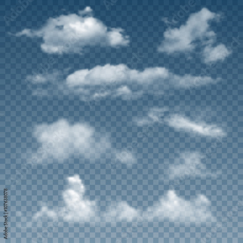 Set Of Realistic And Transparent Different Clouds. Vector Illustration.