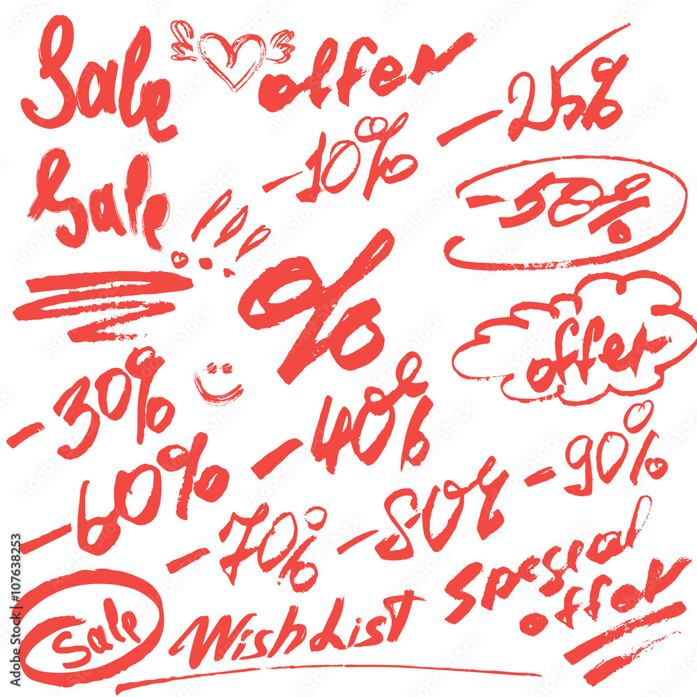 Set of handwritten words sale, special offer and numerals 0-9% - Set of handwritten words sale, special offer and numerals 0-9% -