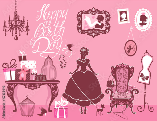 Princess Room with glamour accessories, furniture, cages, gift b