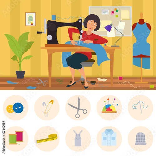 seamstress engaged in tailoring business. woman sews clothes in the tailor shop. Taylor sews clothes to order in a home workshop. woman sews a dress handmade. vector 
