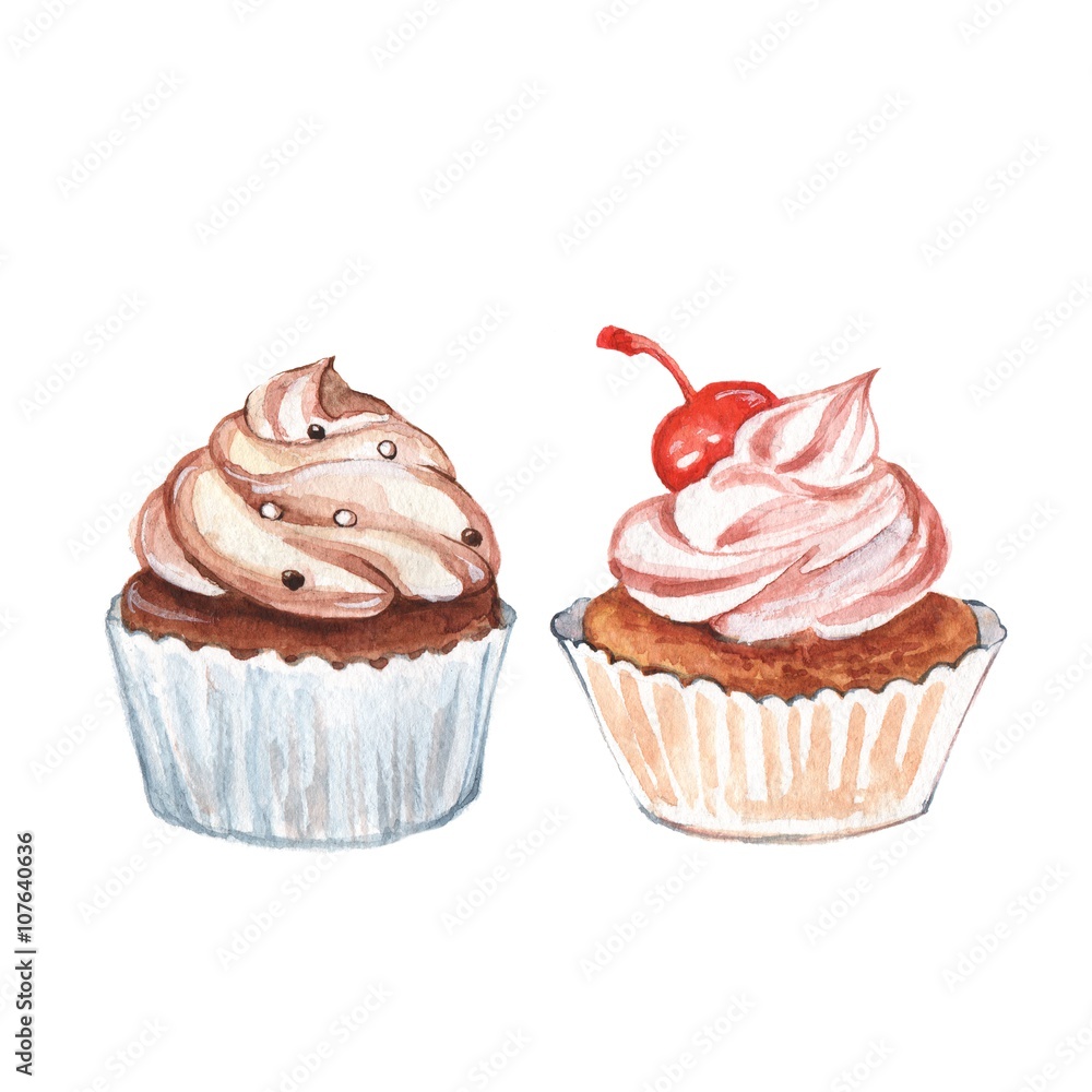 Cupcakes. Set 2. Watercolor dessert, isolated on white background