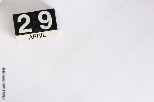 April 29th. Image of april 29 wooden color calendar on white background. Spring day, empty space for text. International or World Dance Day