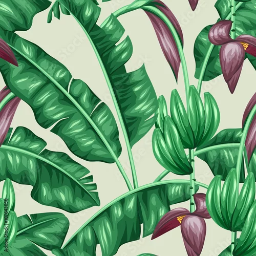Tapety Wzór z liści bananowca. Dekoracyjny obraz tropikalnych liści, kwiatów i owoców. Tło wykonane bez maski przycinającej. Łatwy w użyciu na tle, tkaninach, papierze do pakowania