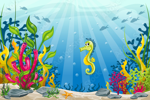 Illustration of underwater landscape with seahorse