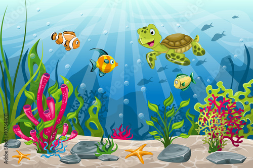 Illustration of underwater landscape with turtle and fish
