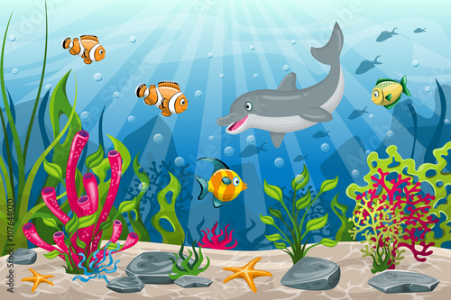 Illustration of underwater landscape with dolphin and fish