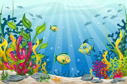 Illustration of underwater landscape with fish and stones