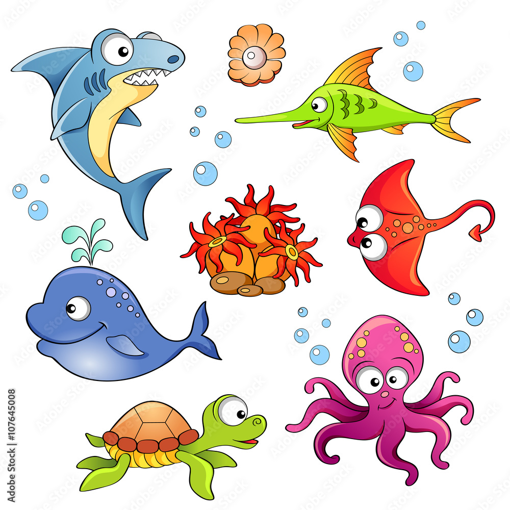 Set of cute cartoon sea animals isolated on white background Set of cute cartoon sea animals isolated on white background