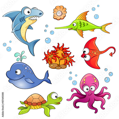 Set of cute cartoon sea animals isolated on white background