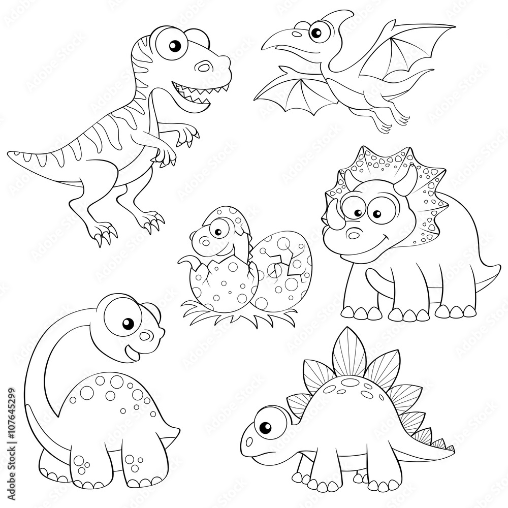 Obraz premium Komplet kreskówka dinozaurów. Czarno-biały ilustracja wektorowa do kolorowania książki