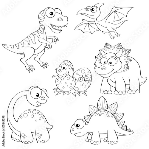 Set of cartoon dinosaurs. Black and white vector illustration for coloring book