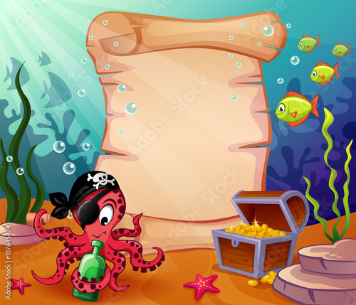 Underwater background with pirate octopus and treasures
