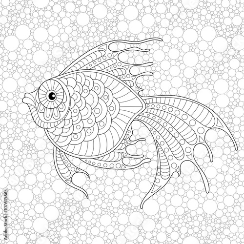 Golden fish. Adult antistress coloring page. Black and white hand drawn doodle for coloring book