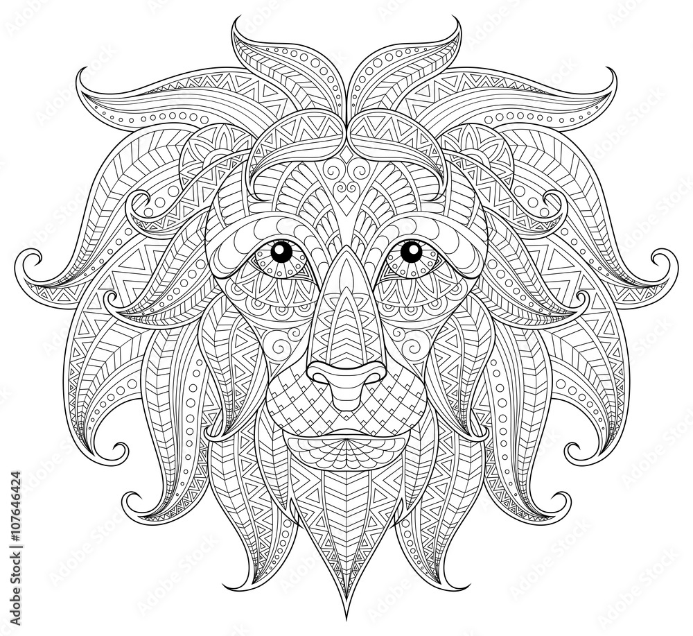 Lion Head Coloring Book Illustration Antitress Coloring For Adults