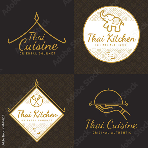 Set of golden color Thai food logo, badges, banners, emblem for asian food restaurant with thai pattern. Vector illustration. photo