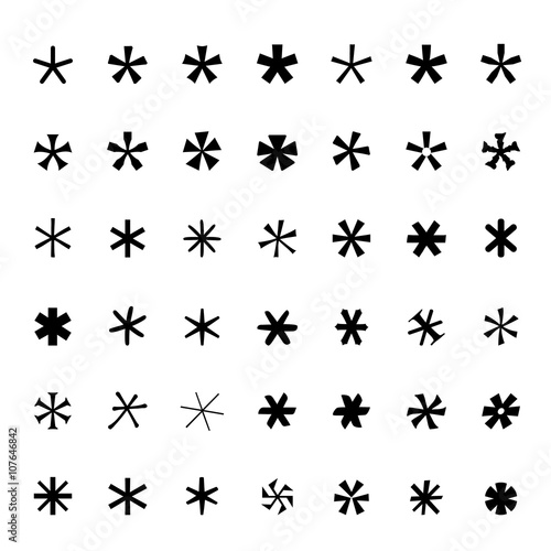 Asterisk (footnote, star) icons set Black icons isolated Vector illustration