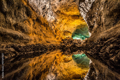 Optical illusion - water reflection in Cueva de los Verdes, an amazing lava tube and tourist attraction on Lanzarote island, Spain photo
