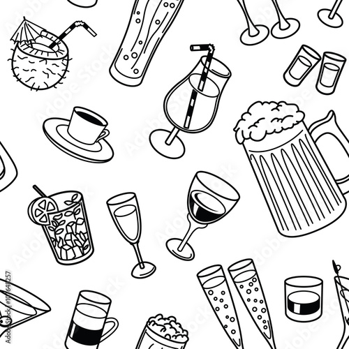 Black and white doodle drinks seamless pattern
