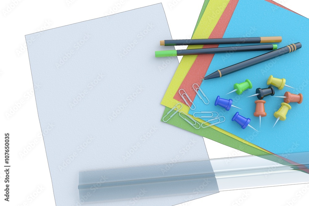Fototapeta premium Color sheets of paper, , handles, a ruler, paper clips and pins on a white background. An illustration in 3D