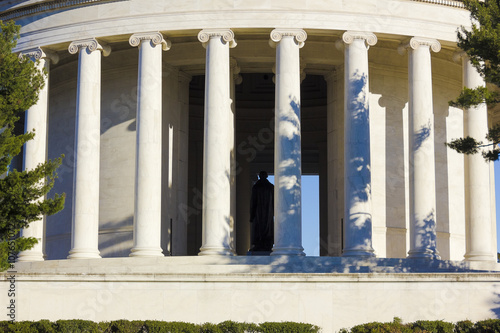 Classical styled Ionic order columns forming the circular shaped exterior of the Thomas Jefferson Memorial designed by John Russell Pope, West Potomac Park, National Mall, Washington DC