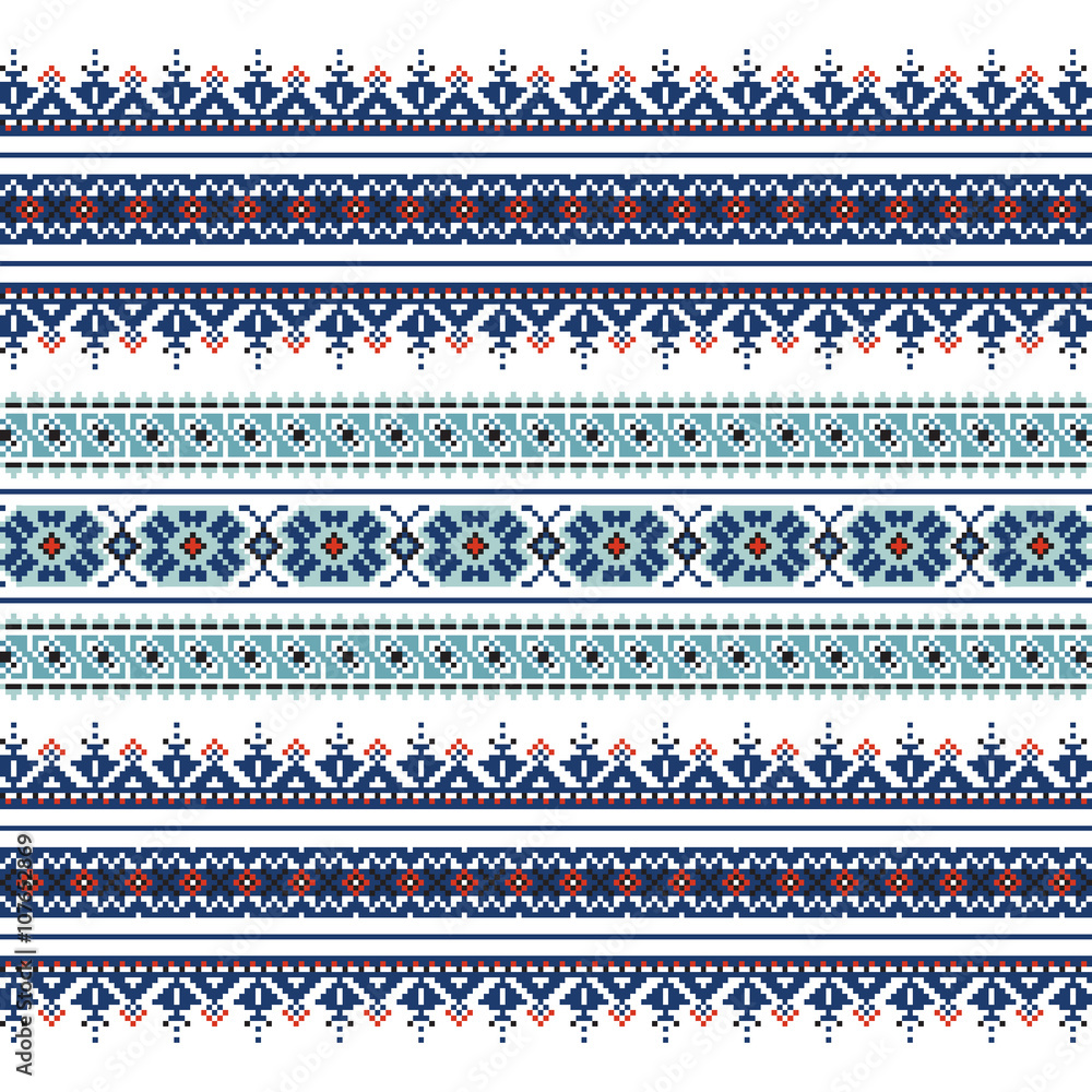 Set of Ethnic ornament pattern in blue colors - obrazy, fototapety, plakaty 