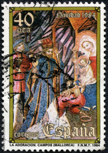 stamp printed in the Spain shows Adoration of the Kings, Christmas