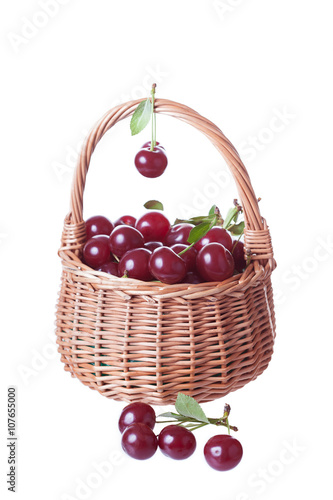 wattled basket filled with ripe cherries it is isolated, a white background