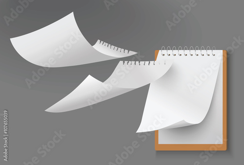 Vector illustration of spiral calendar with falling paper cards.