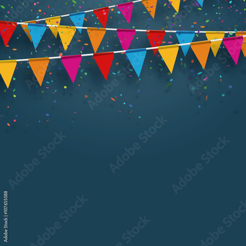 Vector party flags with confetti. Celebrate concept.
