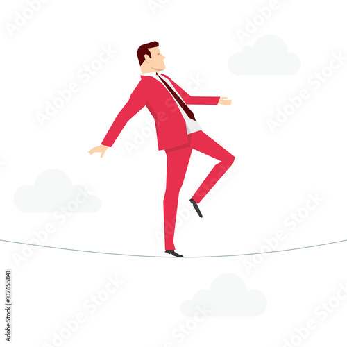 Red suit businessman walking on rope
