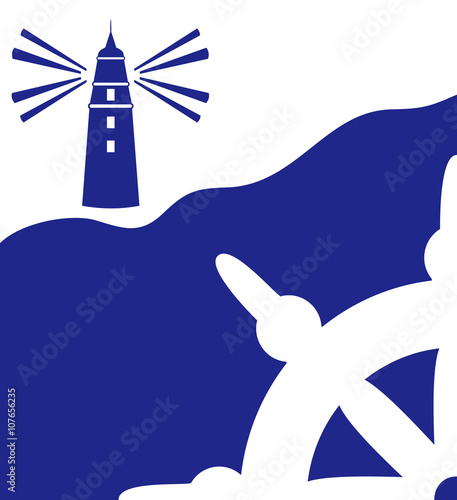 marine background with steering wheel and lighthouse