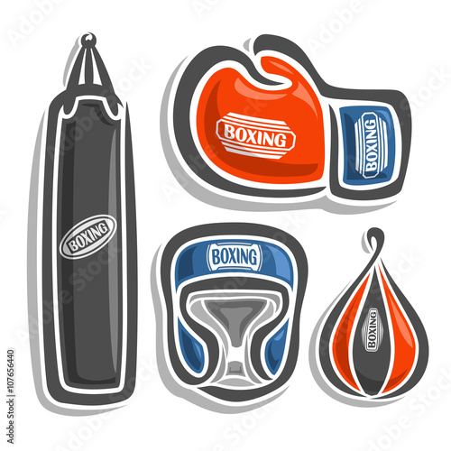 Vector illustration of the logo for boxing, consisting of 4 isolated illustrations on white background: box pear(speed ball,bag), red fight glove and blue pugilism helmet