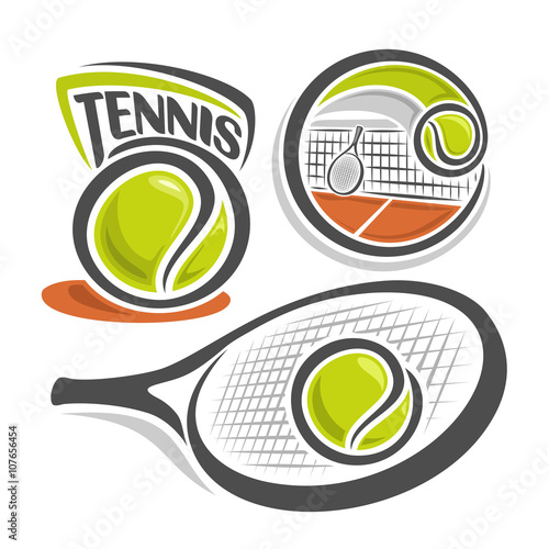 Vector illustration of the logo for lawn tennis, consisting of green ball, net on brown court with racket and racquet closeup