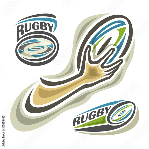 Vector illustration of the logo for rugby (football,rugger), consisting of 3 isolated illustration on white background closeup: rugby balls and hand photo