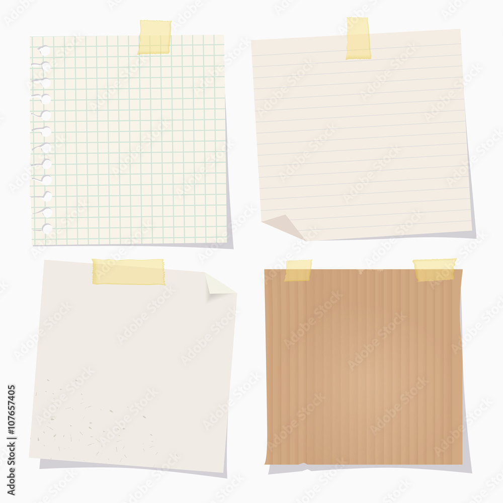 Vector vintage note papers with adhesive tape on white background.