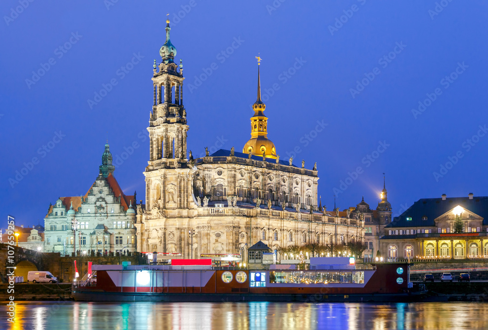 Dresden. The building of the Hofkirche at night.