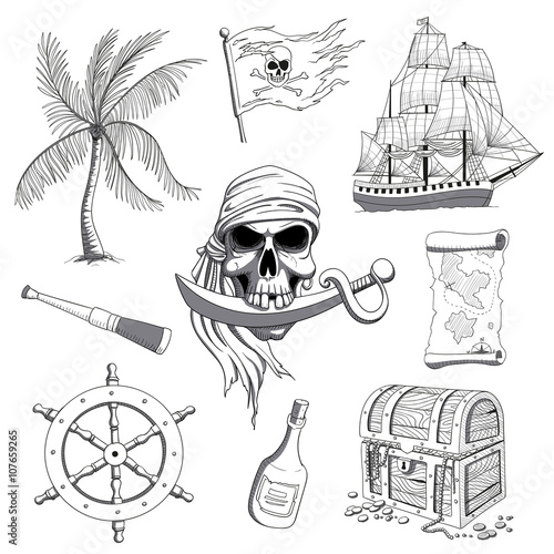 Vector Illustration of Hand Drawn Pirate Design Elements