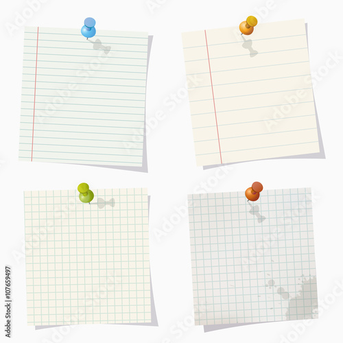 Set of different vector note papers with push pins.