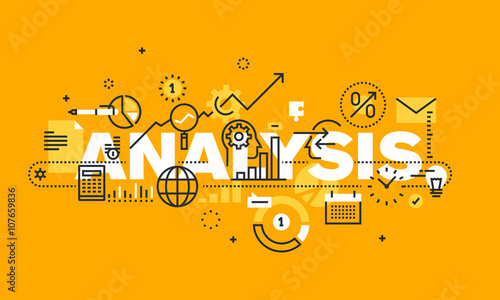 Thin line flat design banner for ANALYSIS web page  financial analysis  accounting  products and services development  business control. Vector illustration concept of word ANALYSIS for web banners.