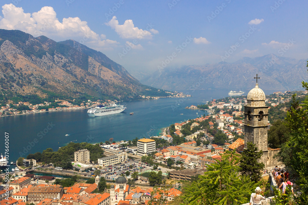 view at Church of Our Lady of Health and at the bay of Kotor, Montenegro