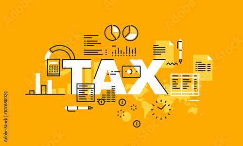 Thin line flat design banner for TAX web page, tax law, banking, taxes information and news, services. Modern vector illustration concept of word TAX for website and mobile website banners.